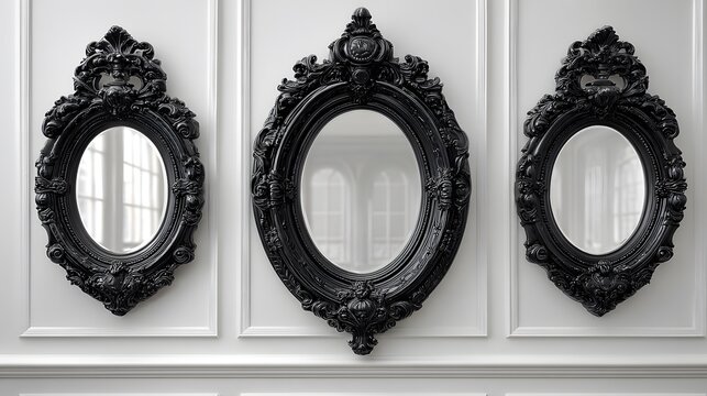 Ornate antique black oval frame hangs on a clean white wall with an empty white center for image placement and soft shadows showing elegance.