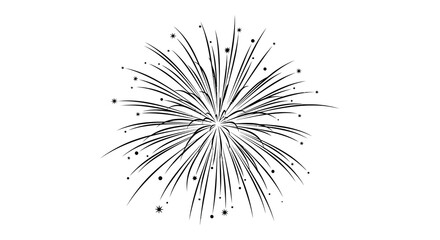 A striking black and white illustration of a firework burst with radiating lines and scattered dots