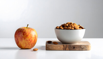 Healthy snack concept with almonds and apple on white table, modern minimalist food style scene view