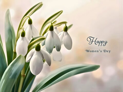 Delicate snowdrop flowers blooming with Happy Spring greeting background