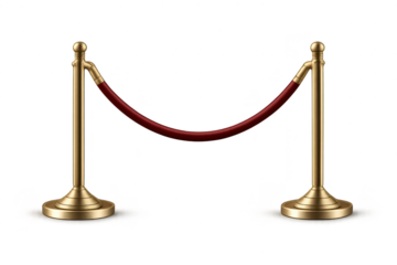 Rope barrier on transparent background. Velvet rope, golden stands.