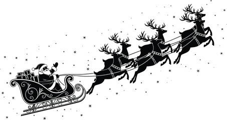 Santa Claus in flying sleigh with reindeer silhouette isolated on white background for Christmas holiday cards festive winter celebration and decorations © farzana