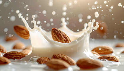 High-speed almonds splashing into milk with dynamic motion, clean commercial lighting scene studio H