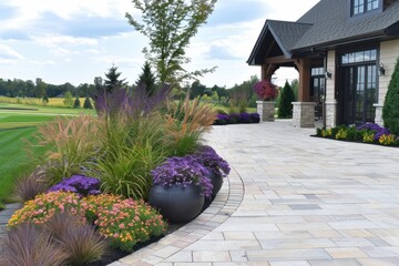 A beautifully landscaped pathway features vibrant flowers and lush greenery, leading to a charming home with elegant architecture.