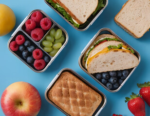 healthy breakfast with bread, Wholesome lunchtime concept portrayed from a top-down view. The lunchbox holds nutritious sandwiches, fruits, nuts and berries on blue isolated background, offering copie