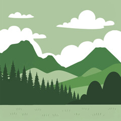 Obraz premium Isolated a Landscape with green silhouettes of mountains, hills and forest and clouds in the sky vector art with white background.