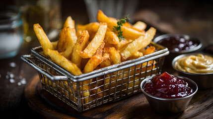 Crispy golden french fries in metal basket with dips on wooden table with copy space