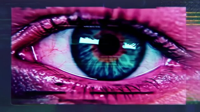 Close-up of a human eye with vibrant hues, glitches, and visual distortion