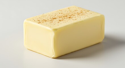 A close up view of a rectangular block of pale yellow butter with spice