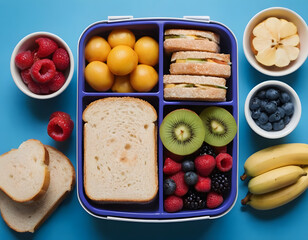 healthy breakfast with bread, Wholesome lunchtime concept portrayed from a top-down view. The lunchbox holds nutritious sandwiches, fruits, nuts and berries on blue isolated background, offering copie