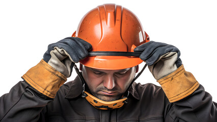 Industrial worker hands fastening protective helmet, safety gear, orange hard hat, gloves, and jacket on white background, construction site, worker safety, protective