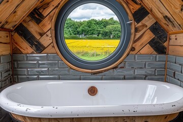 A cozy bathroom featuring a circular window with scenic views of fields, a rustic wooden design, and a vintage-style bathtub.