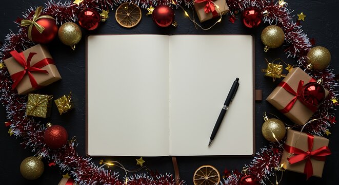 Festive christmas scene with an open notebook pen and colorful decorations - Powered by Adobe