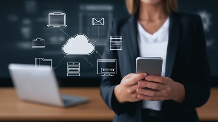A businesswoman utilizes cloud computing, holding a smartphone, a seamless digital ecosystem. Illustrating the power of connectivity in the modern era.