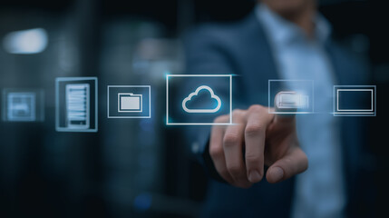 A business professional interacts with a cloud computing interface, symbolizing data storage and digital connectivity.