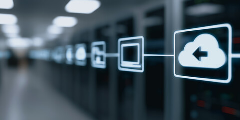 Modern data server center with network cloud. The cloud-shaped icon shows data storage, computing, and sharing.