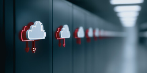 A futuristic vision of data servers illuminates the digital cloud in a modern data center. Modern data center featuring futuristic cloud storage symbols.