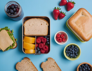 healthy breakfast with bread, Wholesome lunchtime concept portrayed from a top-down view. The lunchbox holds nutritious sandwiches, fruits, nuts and berries on blue isolated background, offering copie