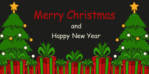 Christmas vector Frame. Hand drawn Christmas tree and red gift box Frame with empty space for text. Editable stroke EPS10