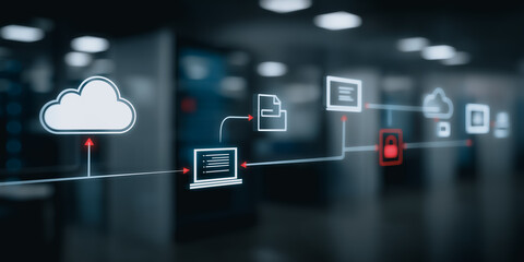 Visual depiction of cloud computing technology, symbolizing seamless connectivity and data transfer with abstract graphics in a modern style.