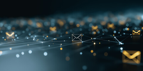 Interconnected digital network with illuminated email symbols, conveying the essence of online communication and data exchange.