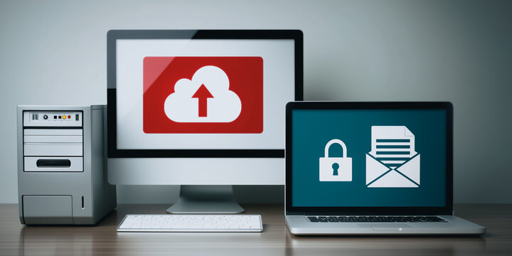 Technological devices, a cloud data storage, a laptop showing a security encryption, and a desktop computer sit harmoniously on the table, representing the future of digital and data privacy. - Powered by Adobe