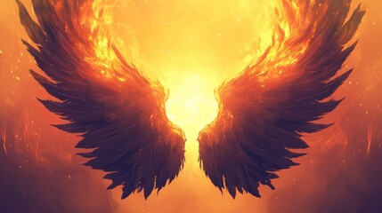 Fiery wings ablaze, glowing embers, dark feathers, bright light.