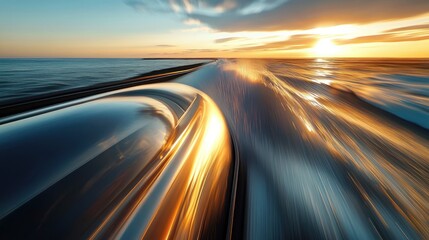 Fast motorboat speed across ocean at sunset.