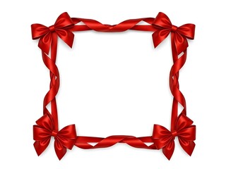 Beautiful red ribbon frame with bows on white background