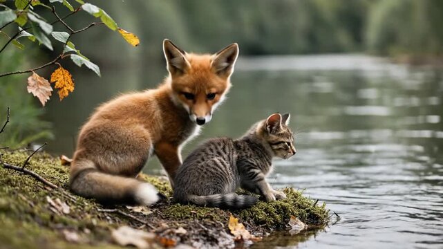 Fox and Kitten Friends Sitting by Riverbank in Nature