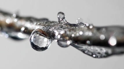 Macro shot of water droplets clinging to a metal bar, showcasing reflective surfaces and blurred background elements. 