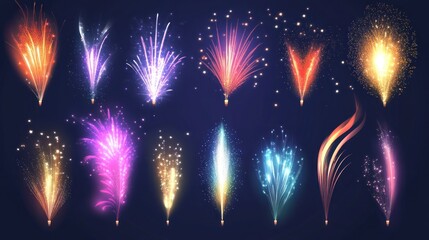 Colorful firework displays set, various shapes and colors.