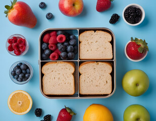 healthy breakfast with bread, Wholesome lunchtime concept portrayed from a top-down view. The lunchbox holds nutritious sandwiches, fruits, nuts and berries on blue isolated background, offering copie