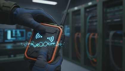 Cyber warfare protection concept with gloved hand holding communication device emitting digital signals in server room environment