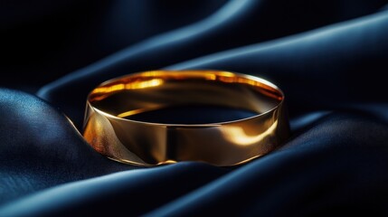 Gold bangle on dark blue satin fabric.