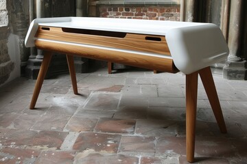 A modern wooden table with a sleek white top, set in a rustic interior featuring exposed brick walls and traditional architecture.