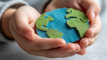 Child holding a felt Earth, symbolizing care for the planet. Focus on sustainability and global awareness. Future generations in focus.