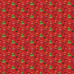 Festive Christmas Pattern With Bells, Trees, and Gifts on Red Background &ndash; Seamless Design