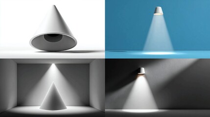 A collage of four images showcasing a cone-shaped object in different lighting conditions and environments.
