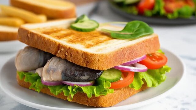 A fresh sandwich filled with herring, lettuce, tomatoes, cucumbers, and red onions between toasted bread slices, creating a vibrant and flavorful meal.
