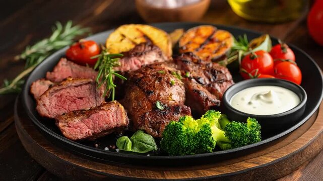 A perfectly grilled steak platter served with roasted potatoes, broccoli, cherry tomatoes, and a creamy dipping sauce, creating a hearty and flavorful meal.