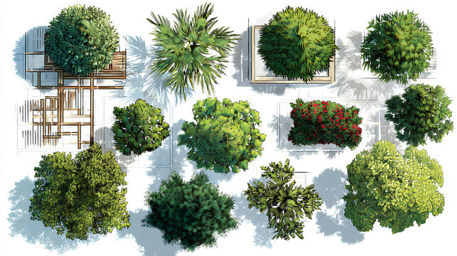 CAD project trees in top view, editable vector on white background, landscape design and architectural project, elements for environment and garden. Stock Vector