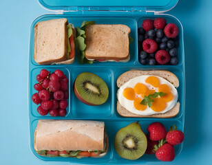 healthy breakfast with bread, Wholesome lunchtime concept portrayed from a top-down view. The lunchbox holds nutritious sandwiches, fruits, nuts and berries on blue isolated background, offering copie