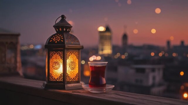 Traditional Ramadan iftar scene in Turkey with a glowing lantern and tea at sunset, creating a peaceful spiritual atmosphere overlooking the city skyline.