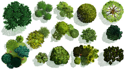 CAD project trees in top view, editable vector on white background, landscape design and architectural project, elements for environment and garden. Stock Vector
