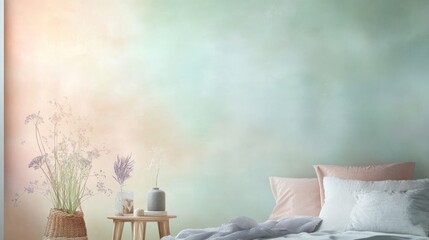 Pastel colored bedroom interior with soft light and floral arrangement.