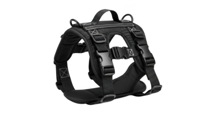 Black dog harness with reflective stitching and buckles