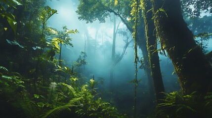 Dense rainforest vegetation with ancient moss covered tree trunks shrouded in dramatic ethereal blue mist lighting for nature imagery
