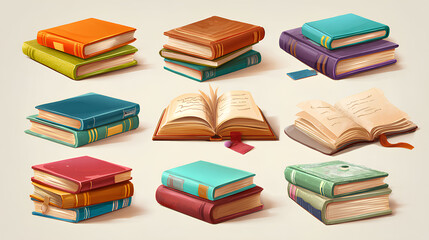 Cartoon books and school textbooks with bookmark, reading literature concept, stacked and open and stack book, library and bookshelf elements, study and education design. 