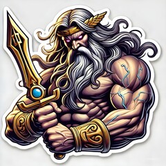 Menacing Zeus 3D style sticker on white background. High-quality graphic of Greek god Neptune with trident. Digital manual artwork, tattoo idea, and design print.
